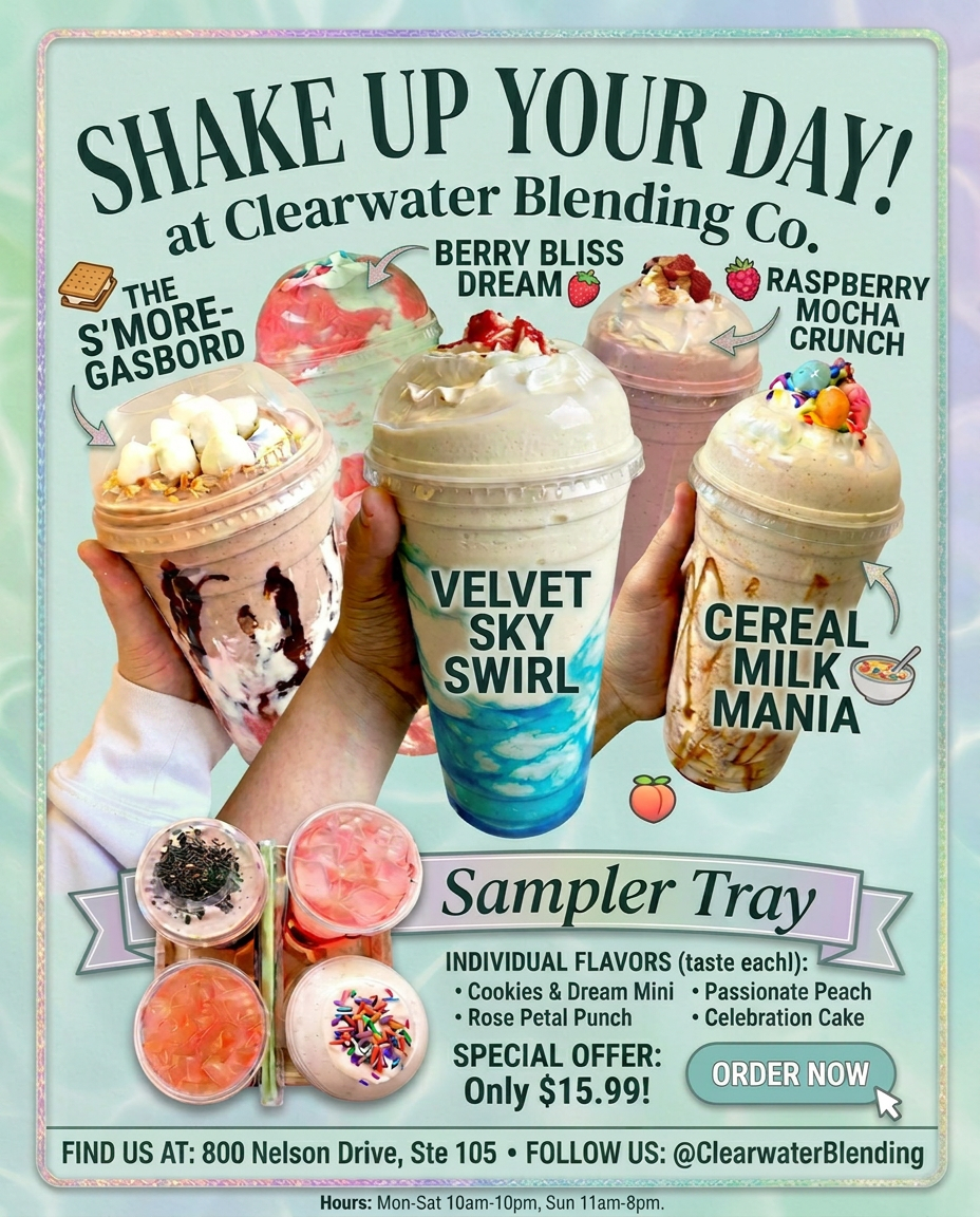 Shake Up Your Day featured menu with The S'more-gasbord, Berry Bliss Dream, Raspberry Mocha Crunch, Velvet Sky Swirl, Cereal Milk Mania, and the Sampler Tray