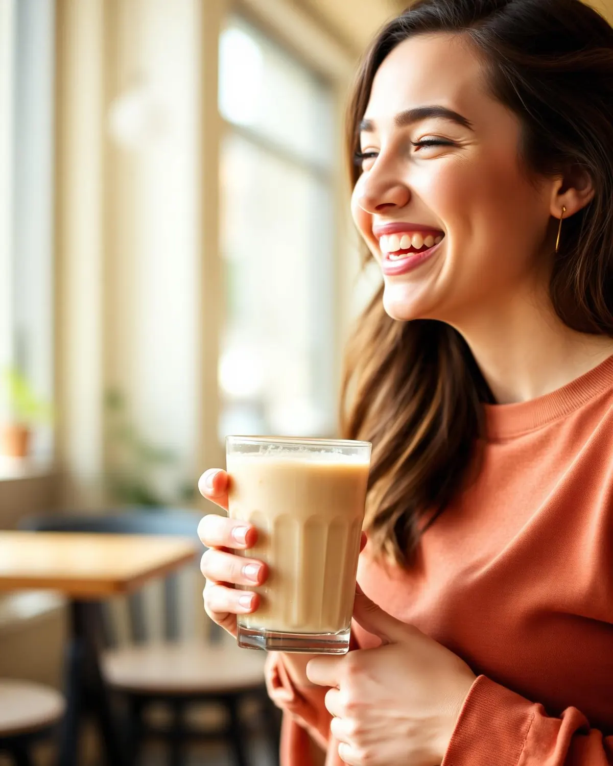 Smiling young woman laughing while holding a protein shake by a sunny window