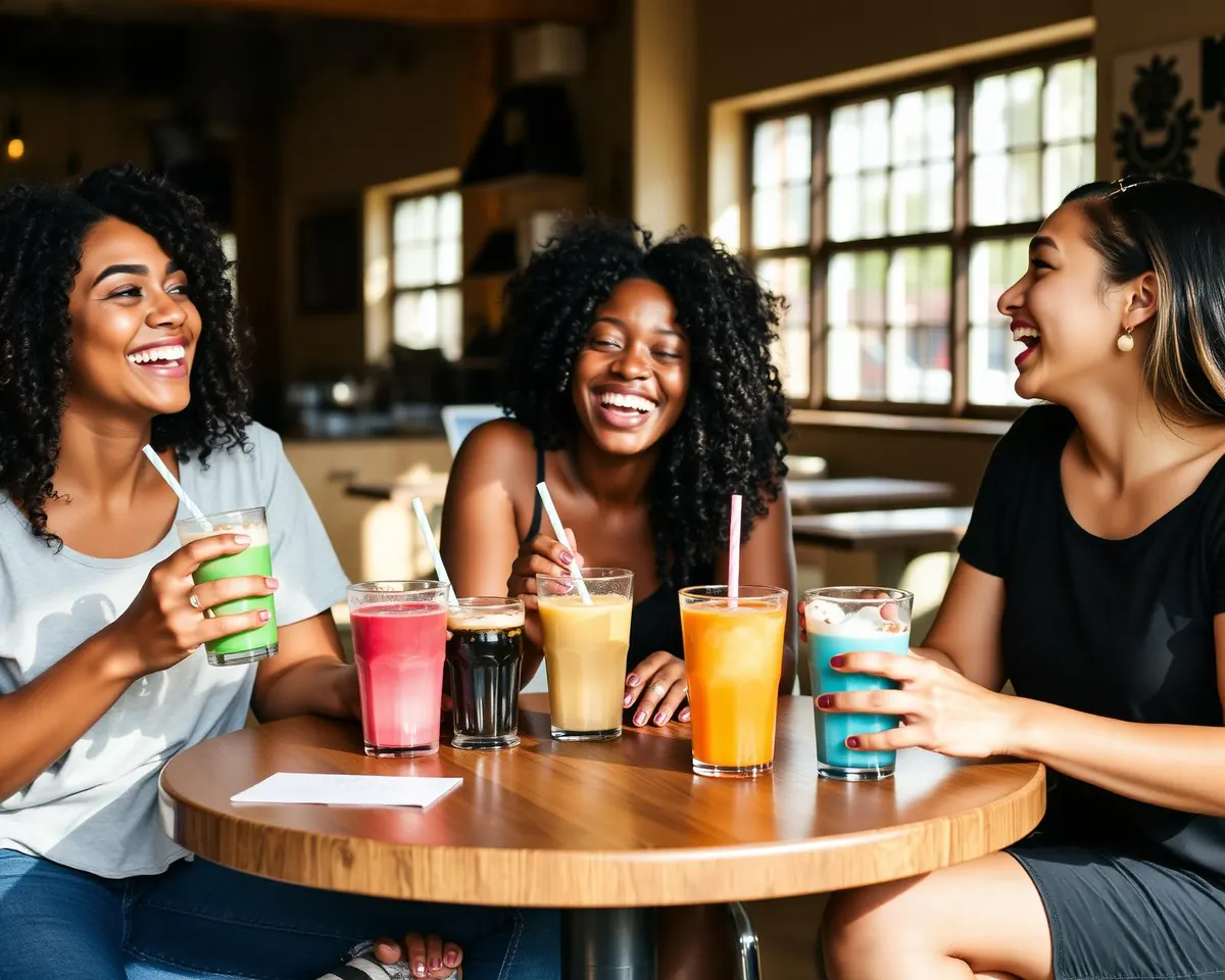 Three friends laughing together over a table full of colorful loaded teas and shakes