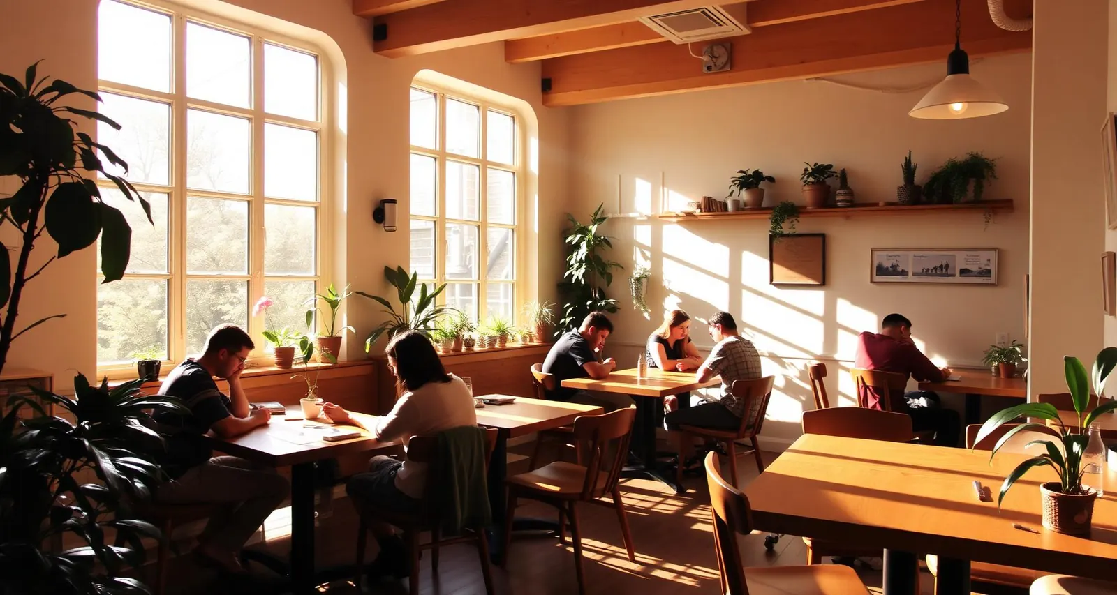 Sunlit interior of Clearwater Blending Company with wooden tables and plants