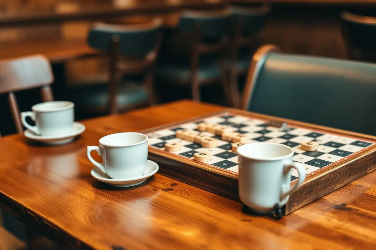 Board games and coffee on a wooden table